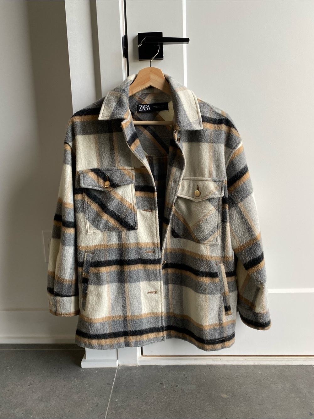 Zara Plaid Shacket in Cream, Gray & Tan